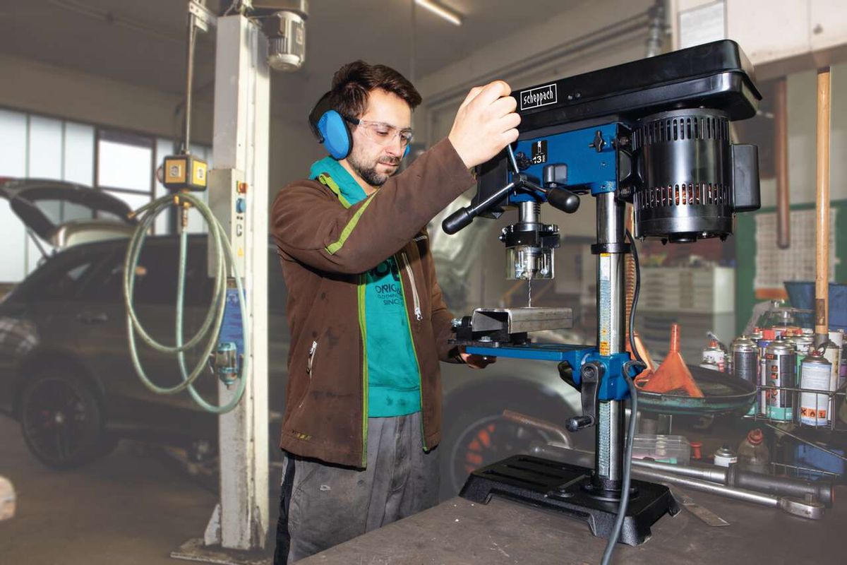 Scheppach bench pillar drill with chuck and laser marking in workshop setting