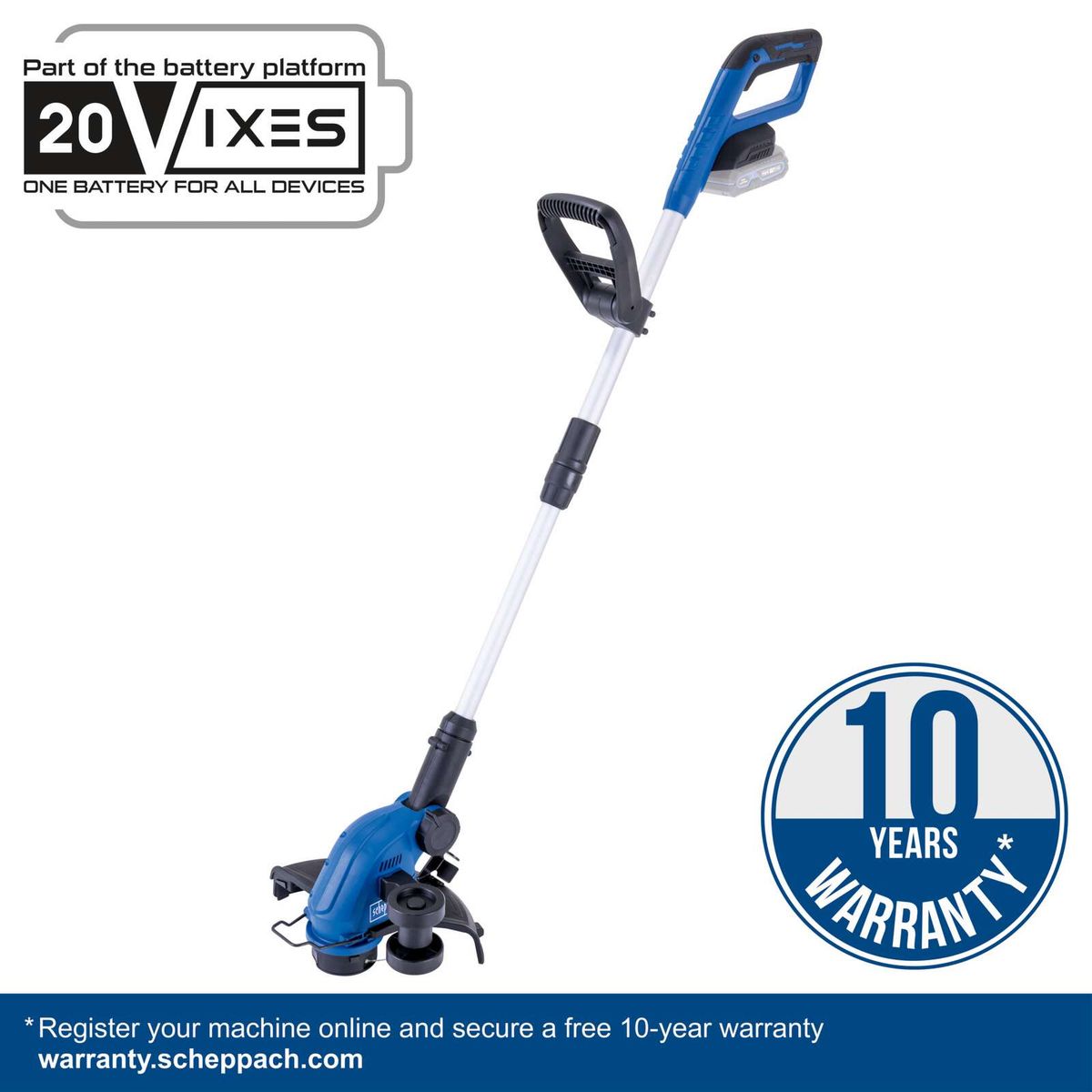 Scheppach cordless strimmer featuring a 10-year warranty with included batteries and charger