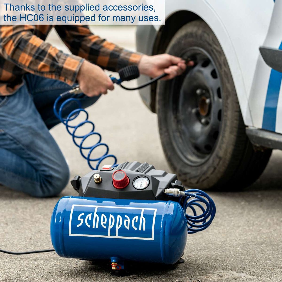 Scheppach HC06 air compressor with accessory kit including 5m hose and pneumatic tool set