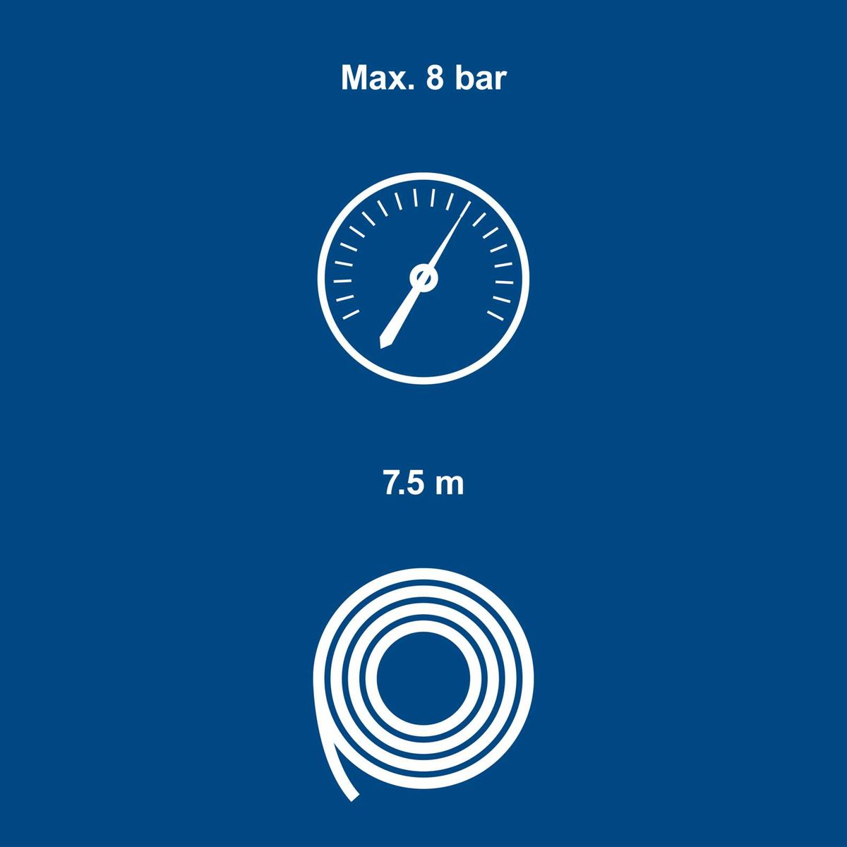 Technical details: Maximum 8 bar pressure, 7.5 m suction power