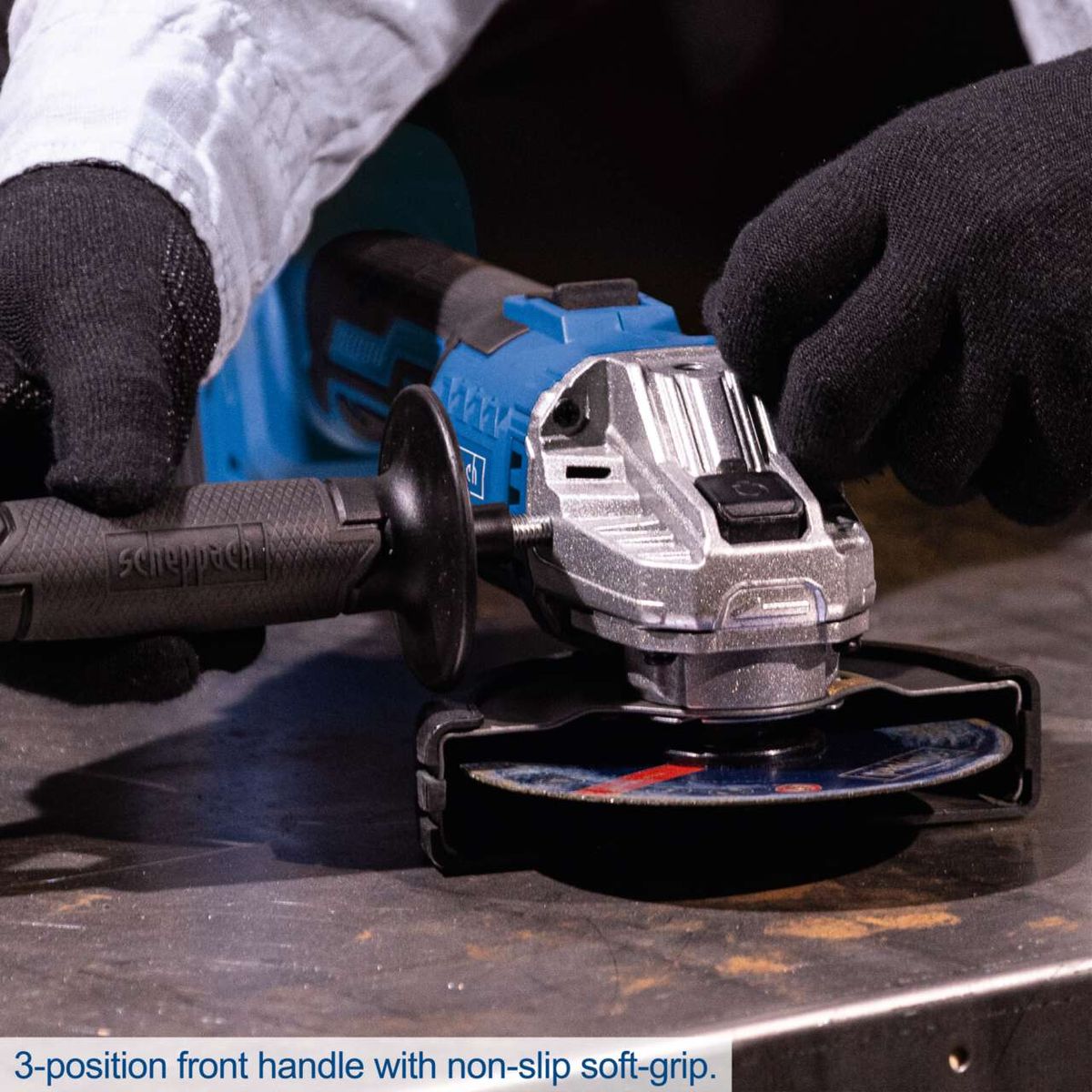 The Scheppach Cordless Angle Grinder C-AG125-X features a 3-position front handle with non-slip soft-grip for improved control and handling.