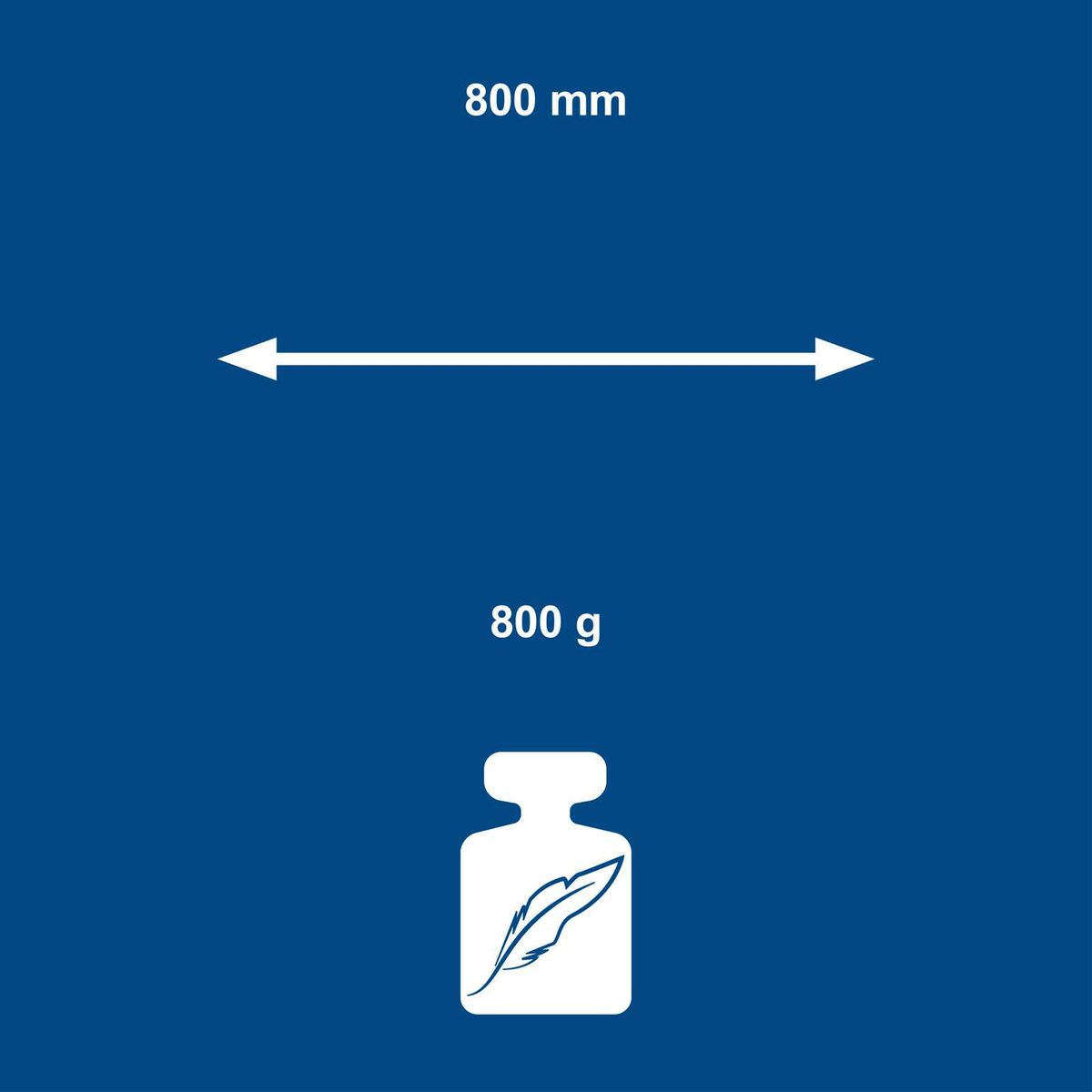 Key technical data sheet showing a measuring tool with 800 mm length and 800 g weight