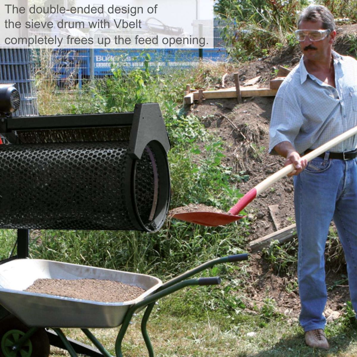 Double-ended sieve drum with V-belt for fully open feed opening in Scheppach RS350