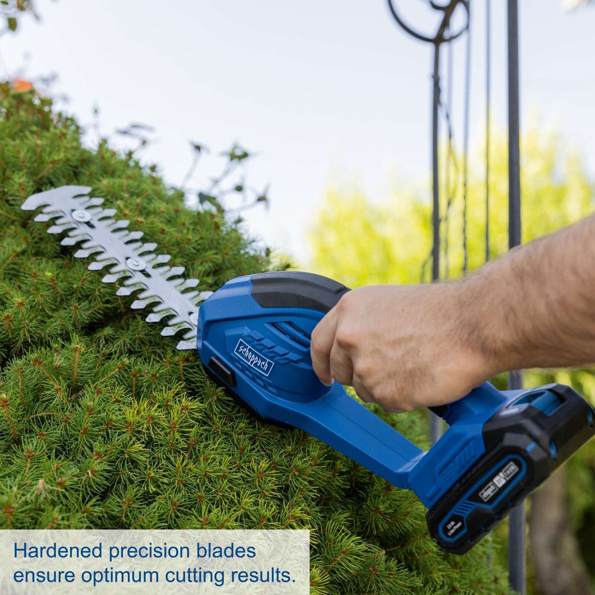 Scheppach cordless grass and shrub shears featuring hardened precision blades for sharp cutting results