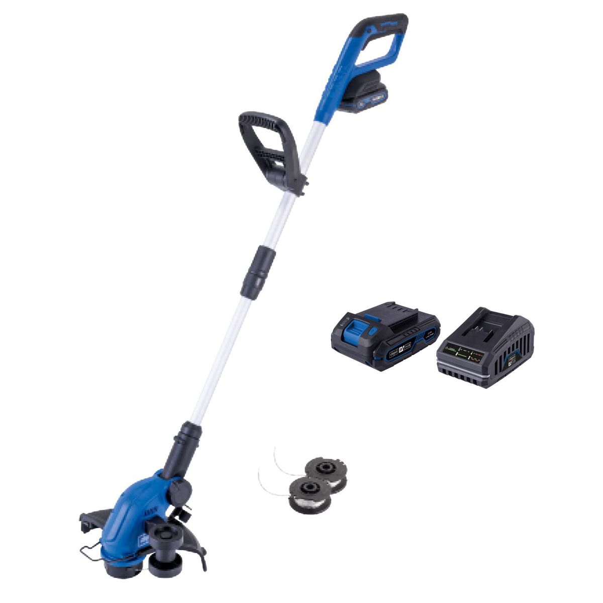 Cordless grass trimmer with 3-meter cutting length, height adjustment up to 270 mm, including battery and charger