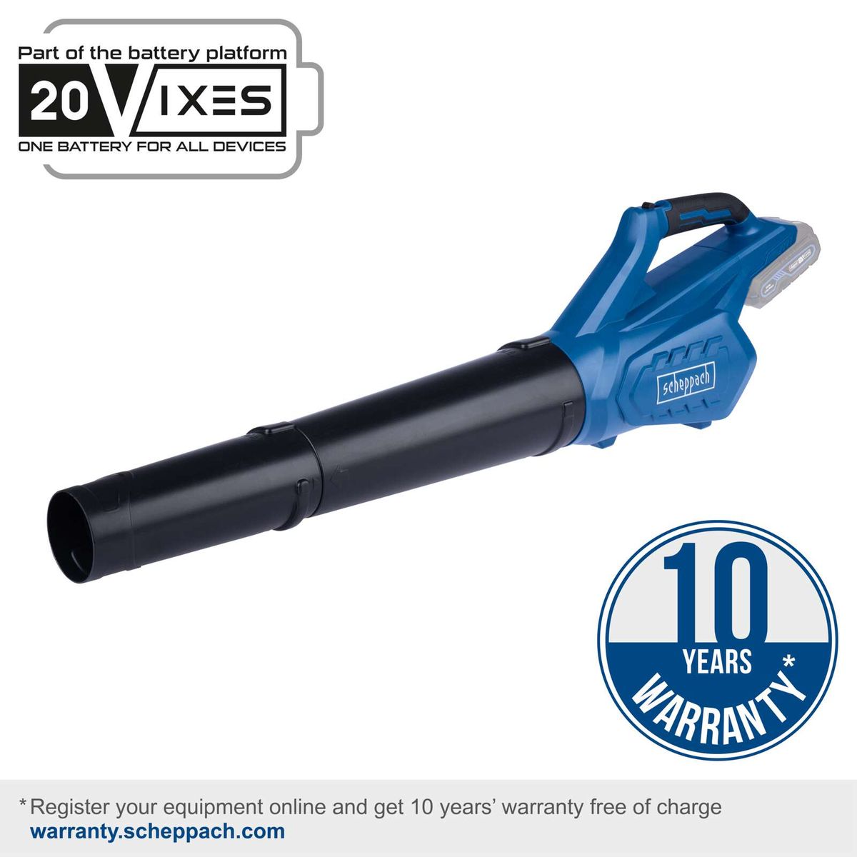 Scheppach cordless leaf blower featuring a 10-year warranty and 20V battery system, 516 m³ airflow