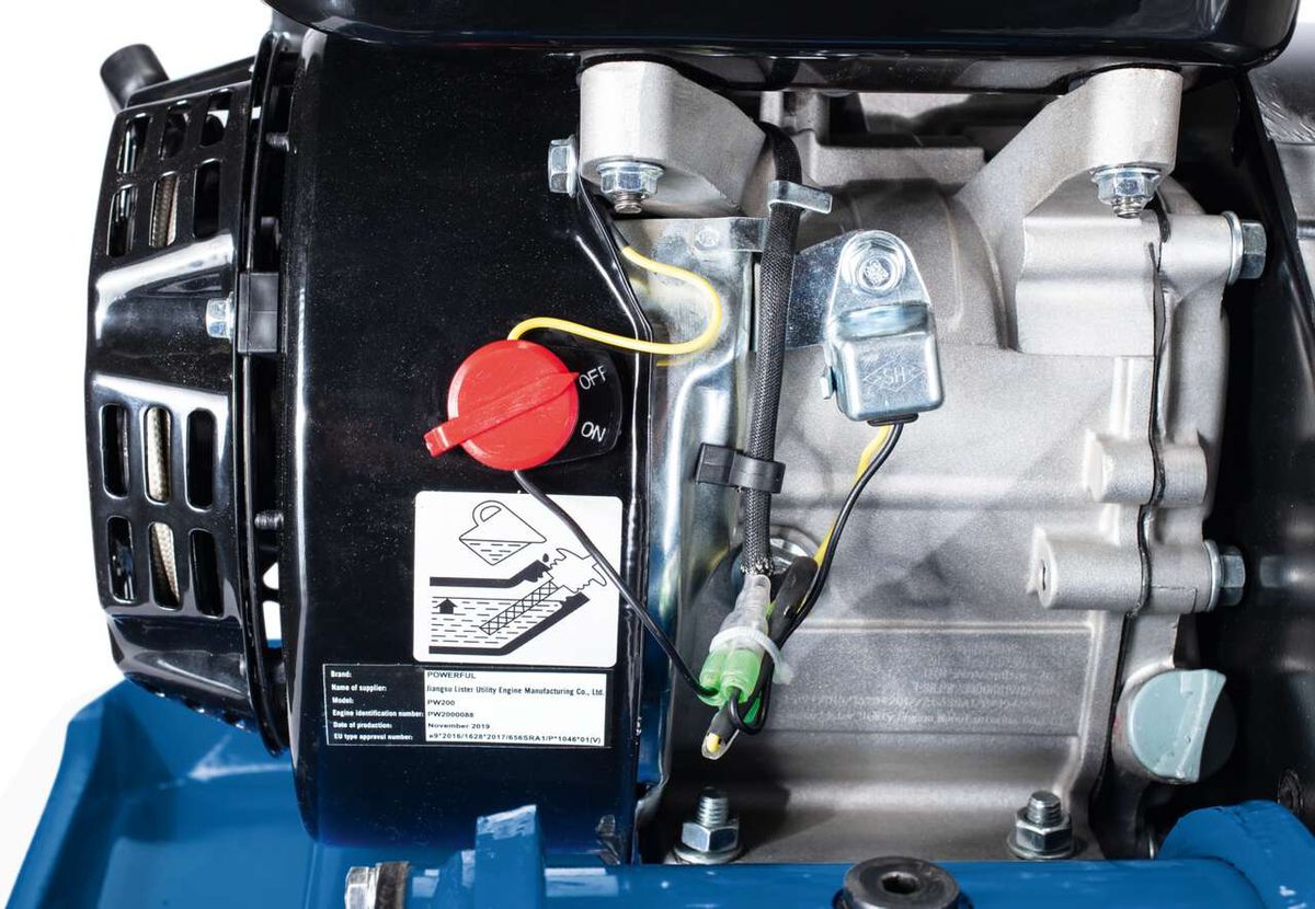 Close-up view of a Scheppach tool showing engine and control components
