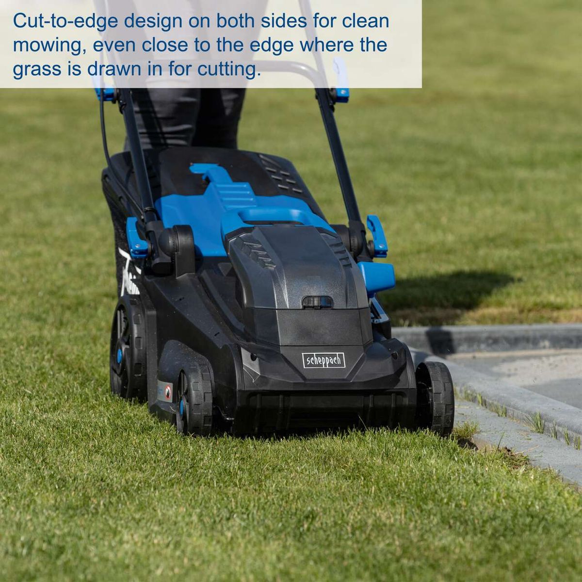 Scheppach cordless lawnmower with precise edge trimming for clean grass cutting near the edge