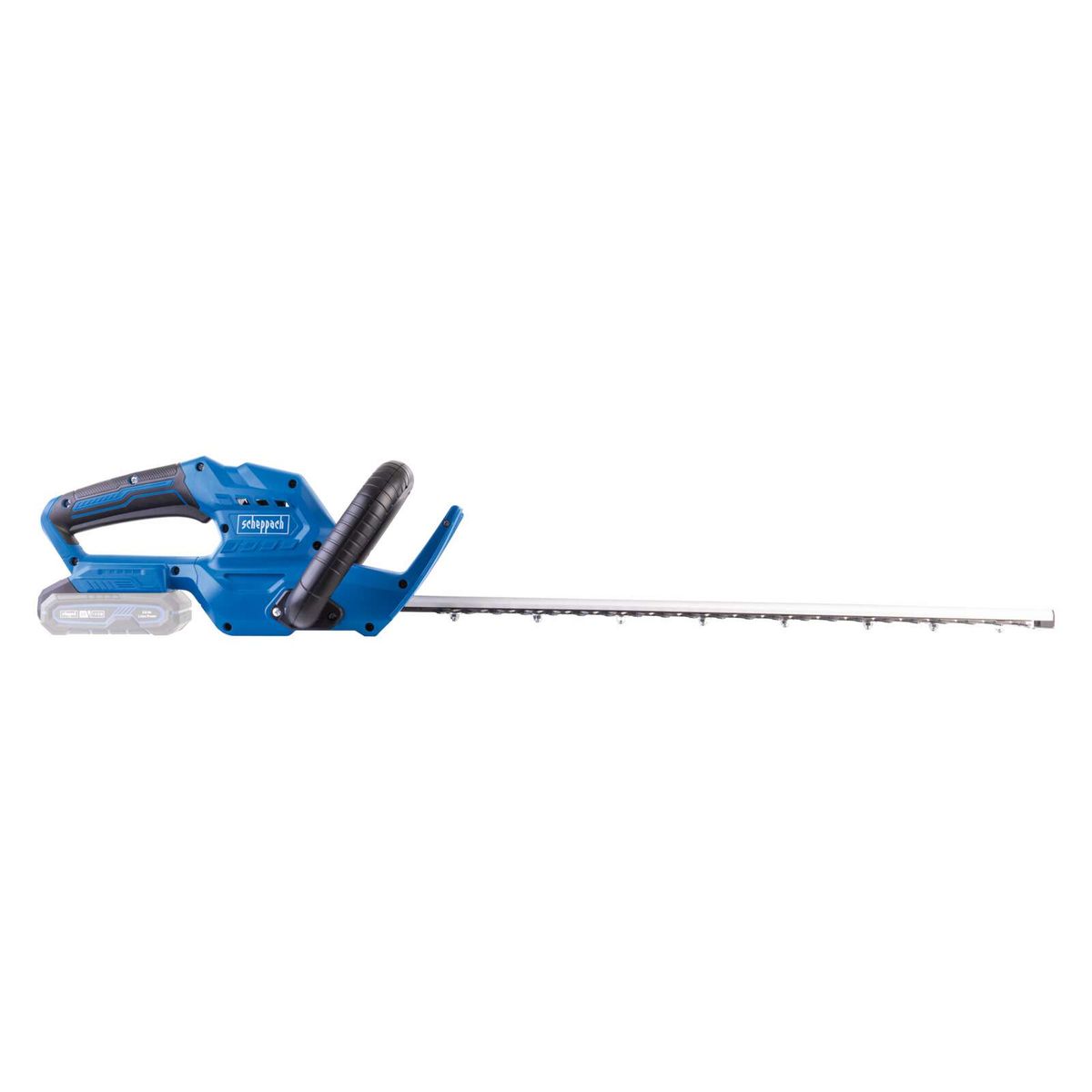 Scheppach cordless hedge trimmer with extended blade and technical feature display
