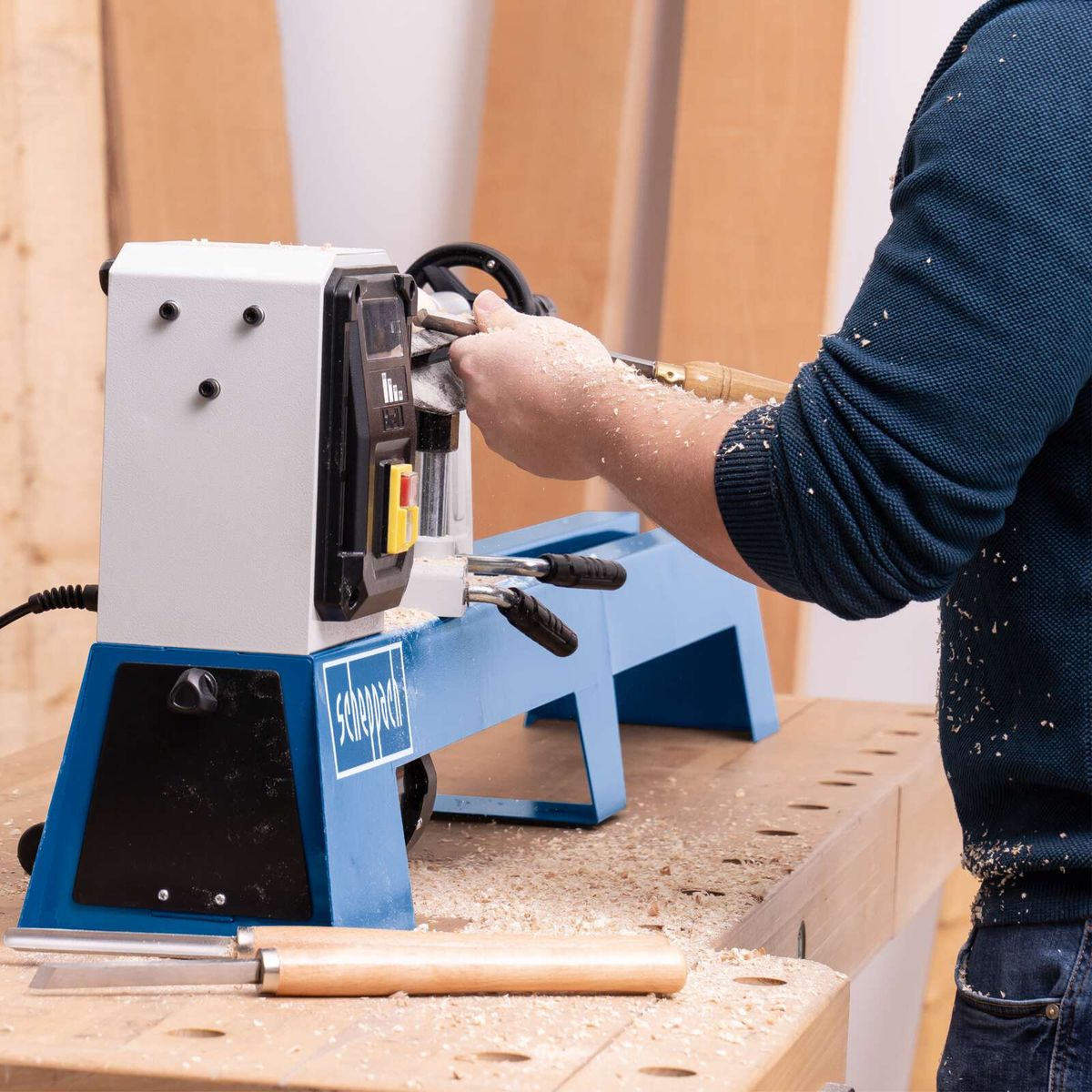 Scheppach wood lathe with workpiece holder for detailed woodworking