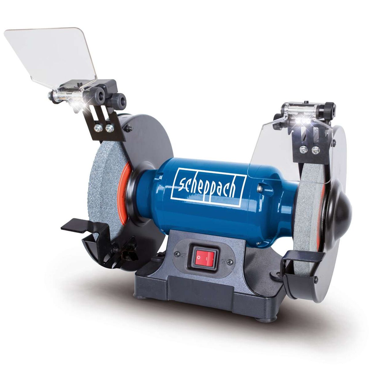 Scheppach double bench grinder with integrated lights and spark guard for accurate grinding