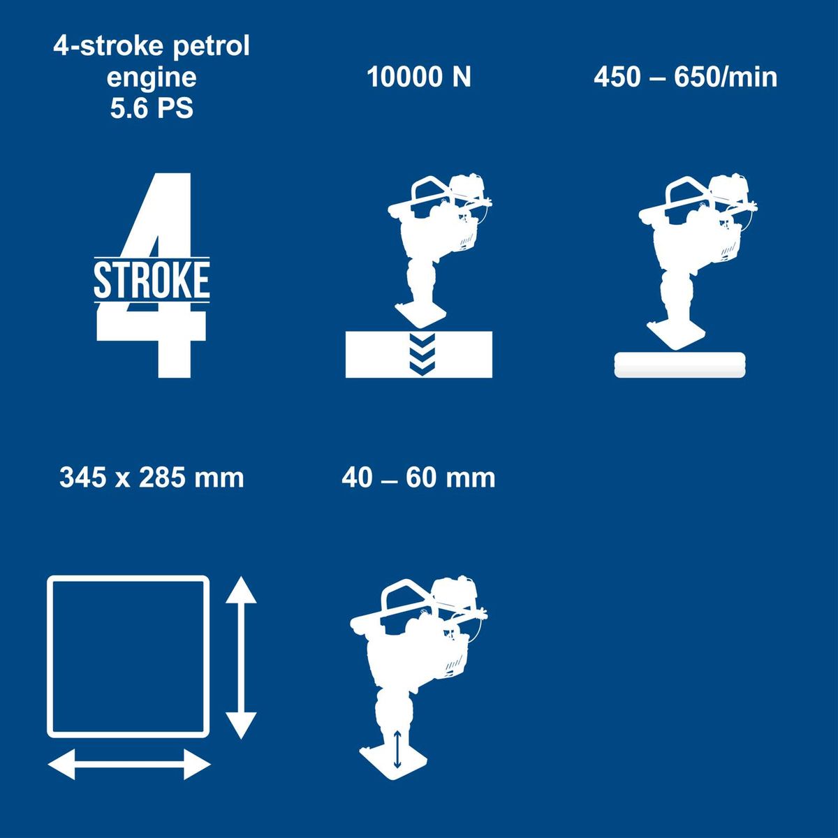 Vibrating stamp details: 4-stroke petrol engine, 5.6 PS, 10 kN force, 345 x 285 mm dimensions, 40–60 mm stamp height, 450–650 rpm