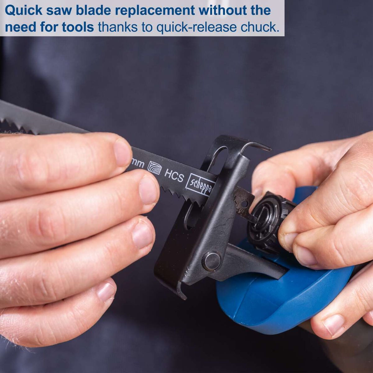 Quick saw blade replacement using quick-release chuck for Scheppach cordless saw