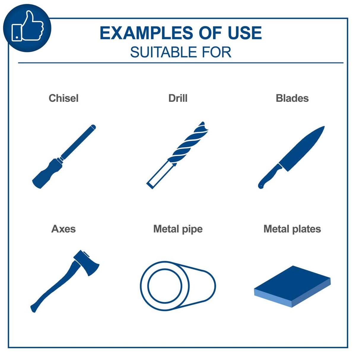 Examples of typical tools: Chisel, drill bit, blades, axe, metal pipe, metal plate
