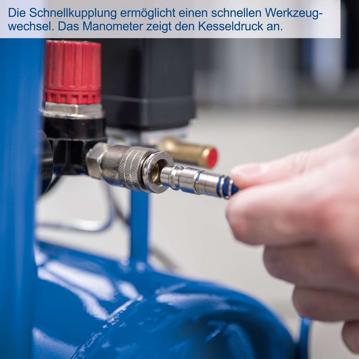 Scheppach compressor featuring quick coupling and tank pressure gauge for fast tool changes