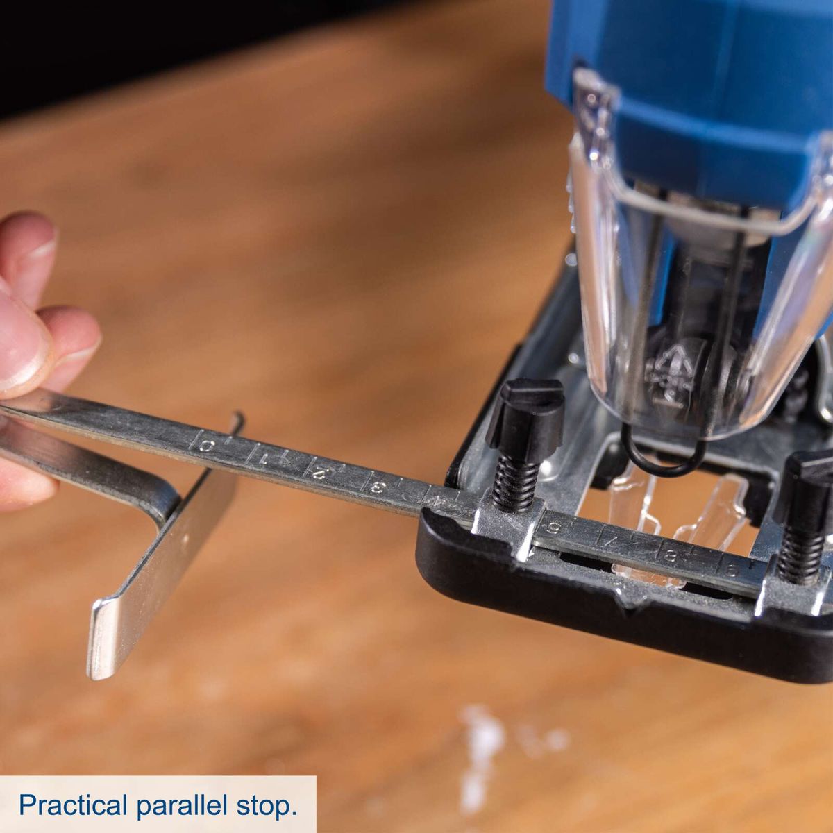 Practical parallel stop feature for accurate cutting in Scheppach jigsaw