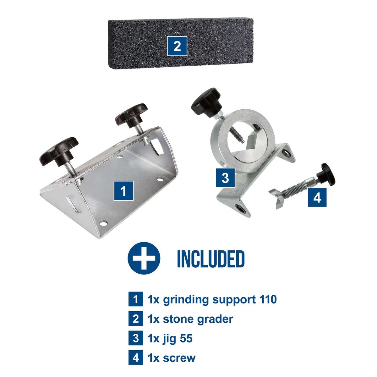 Scheppach kit including grinding support, stone grader, jig, and screw