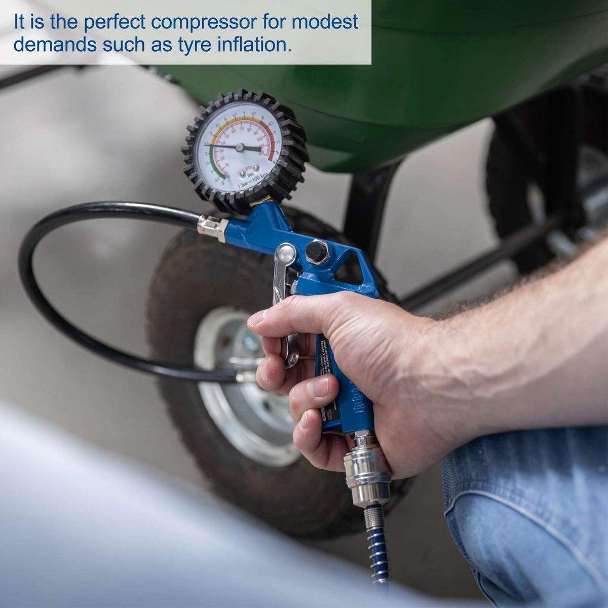 Hand-operated air compressor tool for precise pneumatic tasks, suitable for inflating bicycle tires.