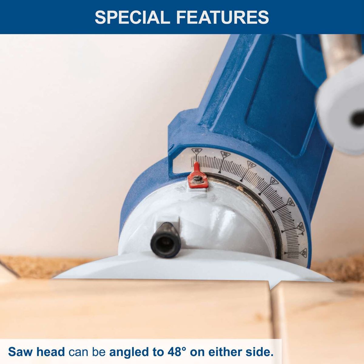 Mitre saw head adjustable to 48° on either side for accurate cuts