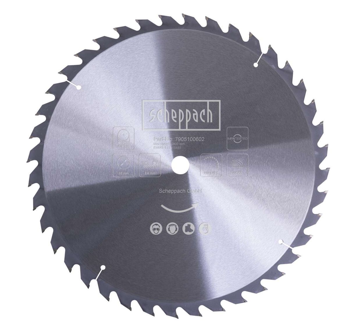Scheppach circular saw blade with 40 teeth. Part number: 7905100602. Max speed: ̊Max. speed: 2600 rpm. EAN: 4151545547177. Suitable for wood. GMPATESTED. Viewed from above.