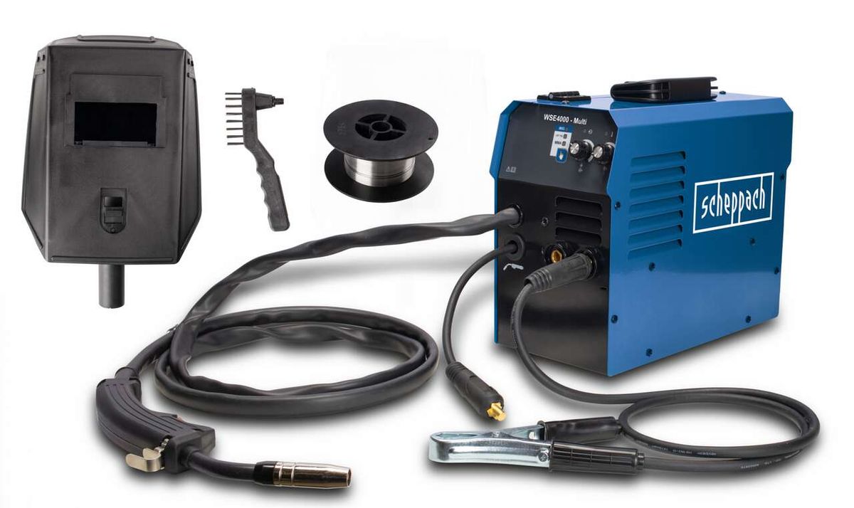 Scheppach WSE4000 Multi welding machine set with accessories: protective cover, electrode holder, wire spools, and tool cables