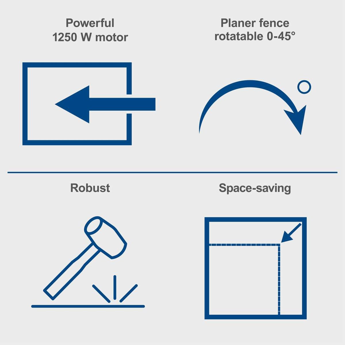 Key features of Scheppach’s planer/thicknesser: powerful 1250 W motor, adjustable plane fence (0–45°), robust and space-saving design