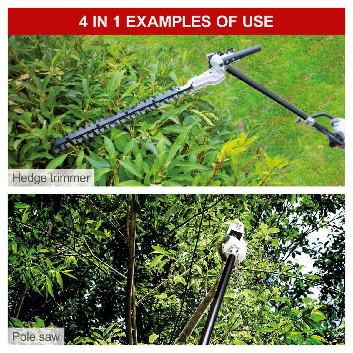 Multifunctional garden tool showing hedge trimming feature