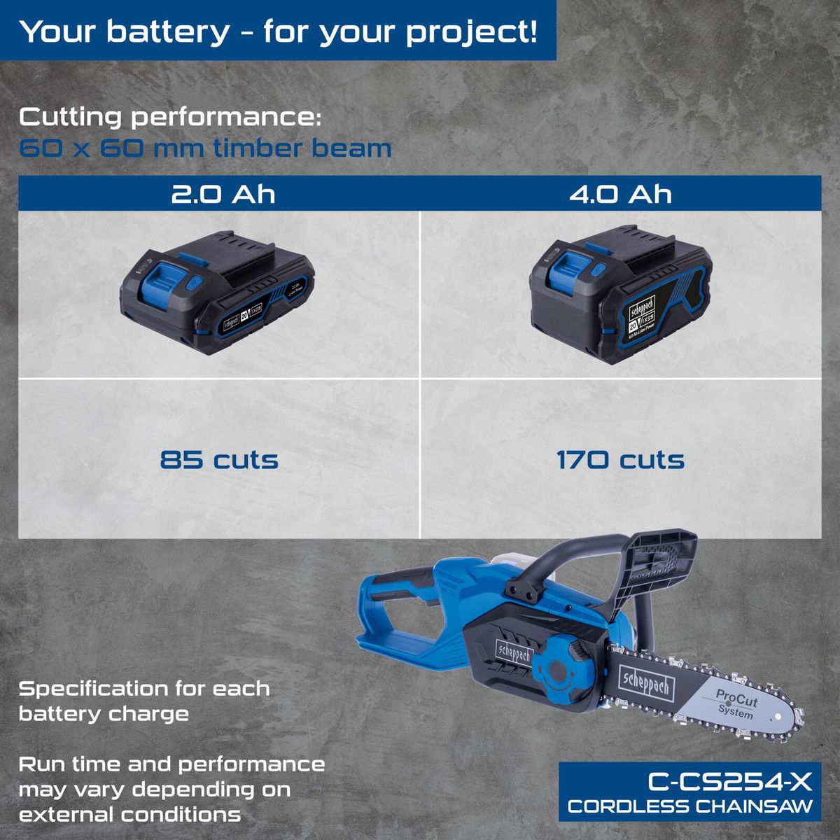 Scheppach cordless chainsaw C-CS254-X showing battery performance for 2.0Ah and 4.0Ah, capable of 85 and 170 cuts per charge respectively