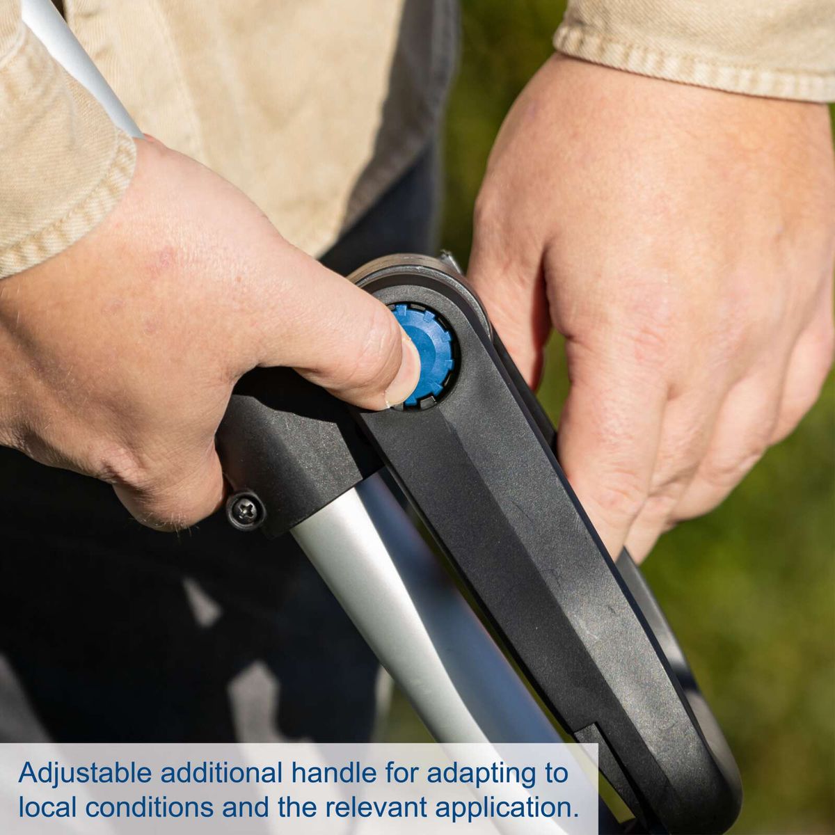 Adjustable extra handle for local conditions on Scheppach cordless grass trimmer