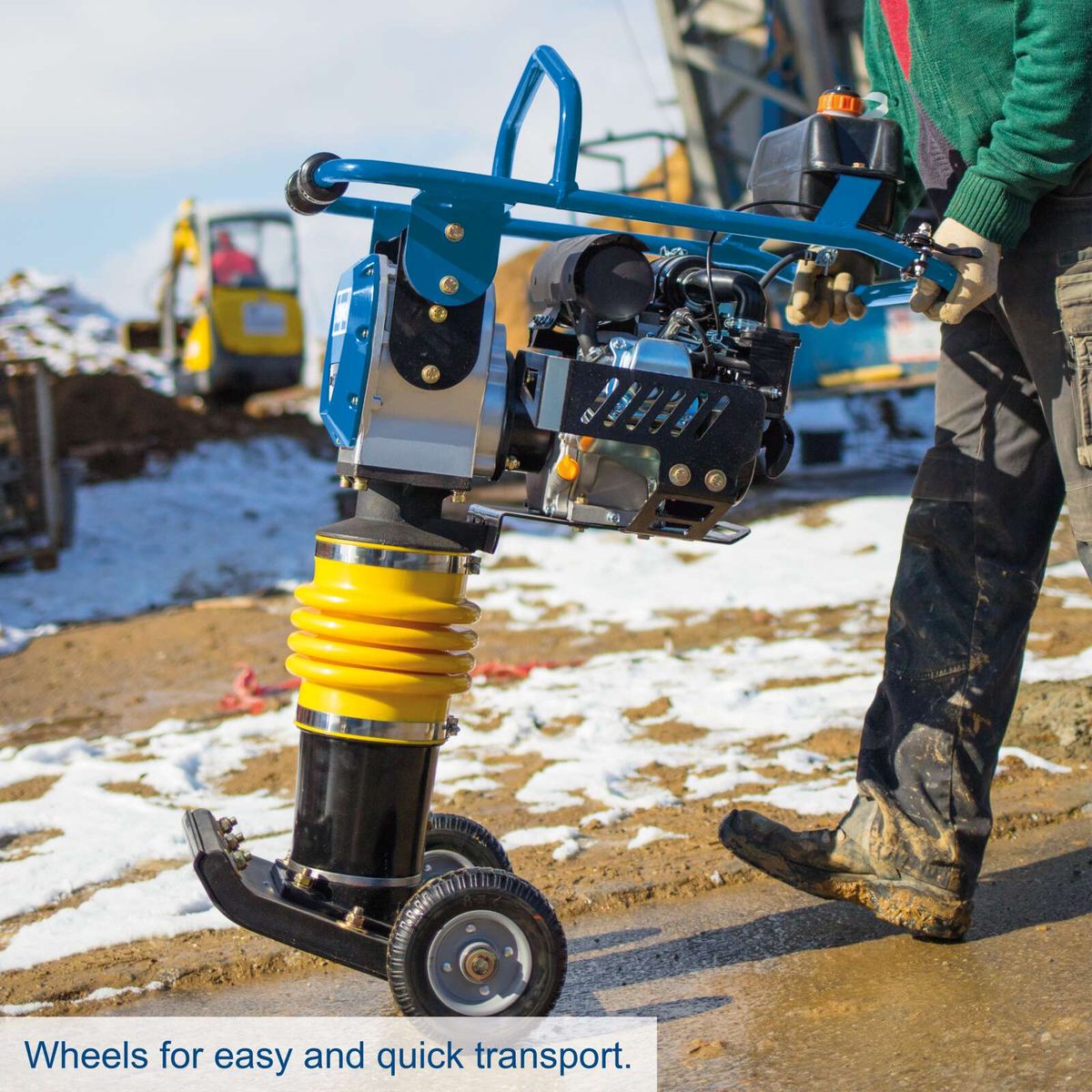 Transport wheels for quick mobility of the vibration tamp