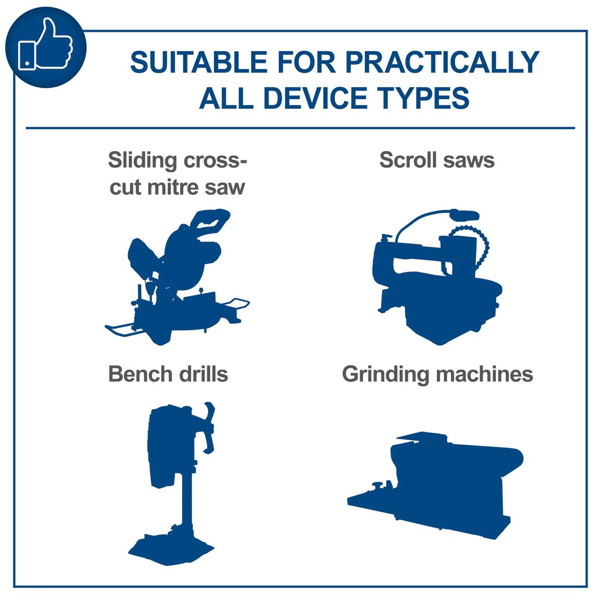 Symbols depicting various tools: mitre saw stand, scroll saw, bench drill, grinding machine