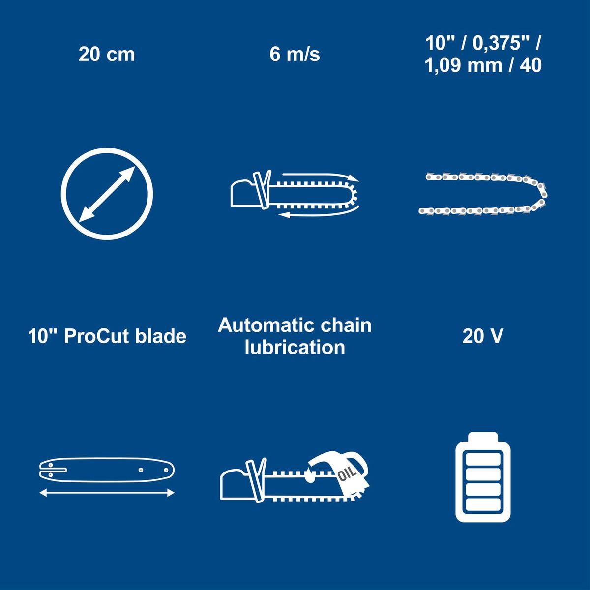 20V cordless chainsaw featuring a 10" ProCut blade, automatic chain lubrication, 20 cm cutting length.