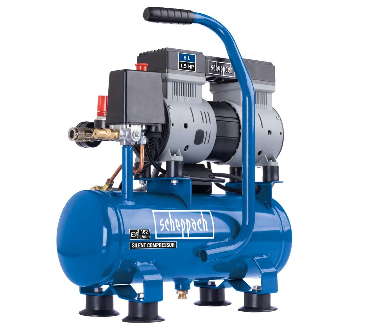 Scheppach HC08Si silent air compressor, 1.5 HP, 162 L/min, oil-free, 6L tank
