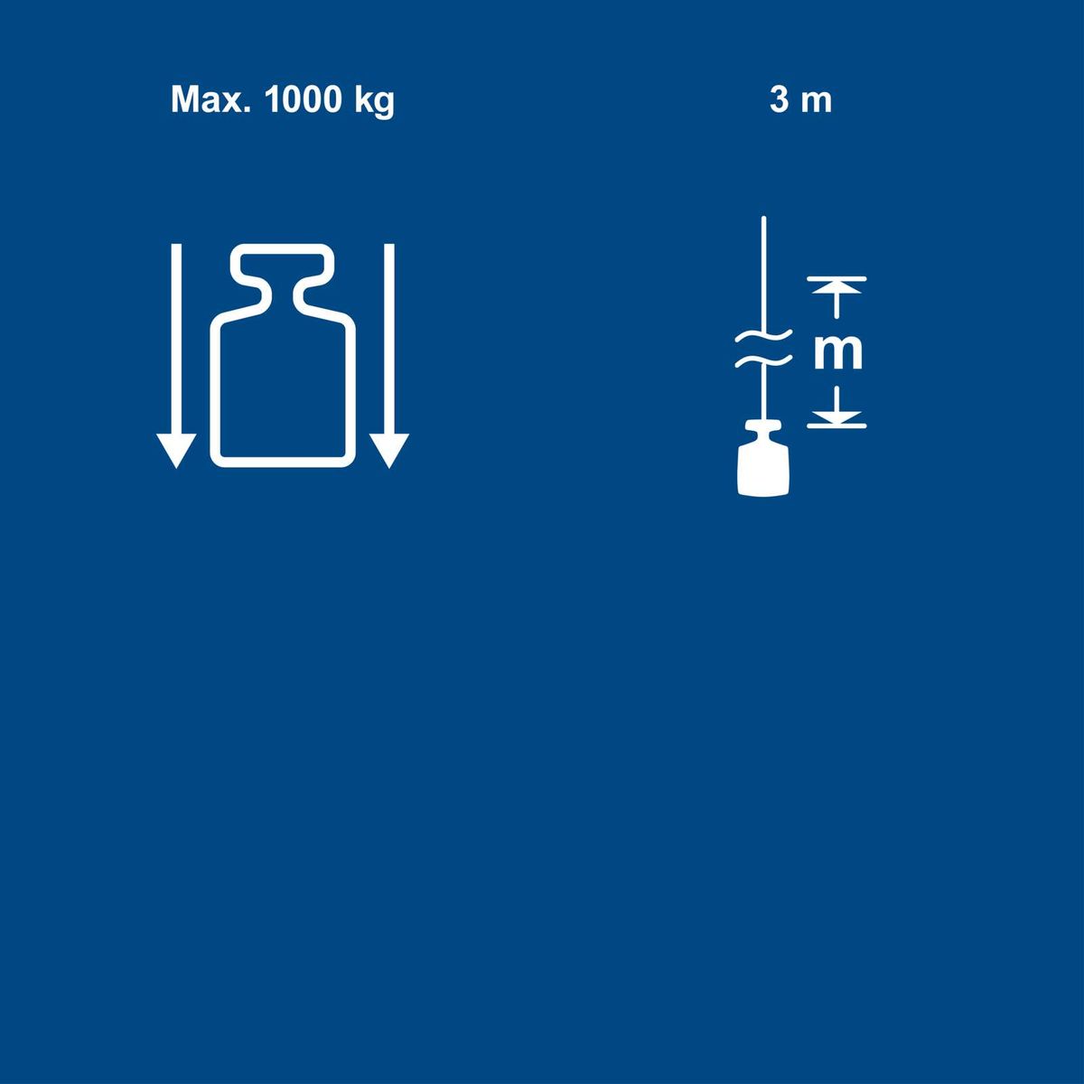 Key technical details: 1000 kg load capacity, 3 meters lift height