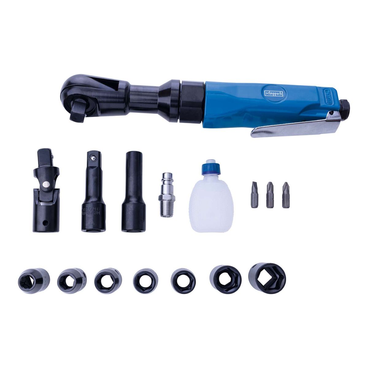 Scheppach compressed air ratchet accessory set with ratchet head, socket sets, and tools