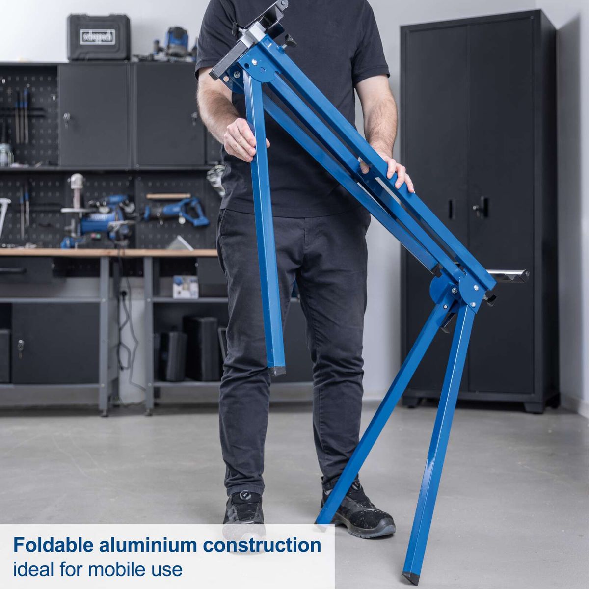 Foldable aluminium base for mobile use, part of a universal mitre saw stand