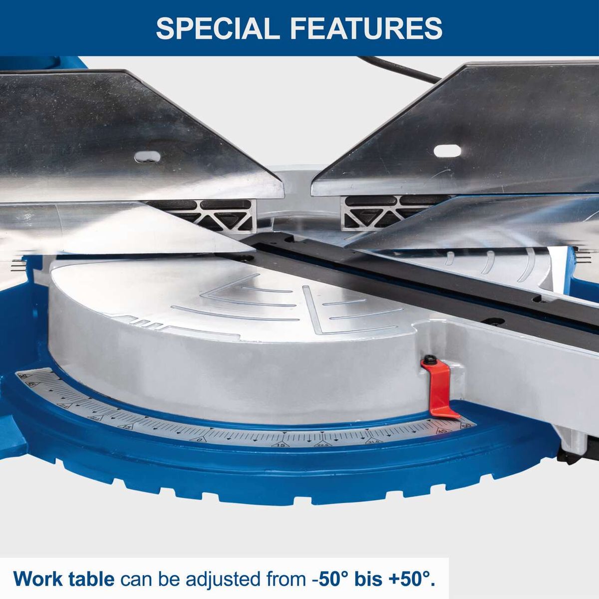 Sliding mitre saw with adjustable worktable from -50° to +50° for accurate cuts