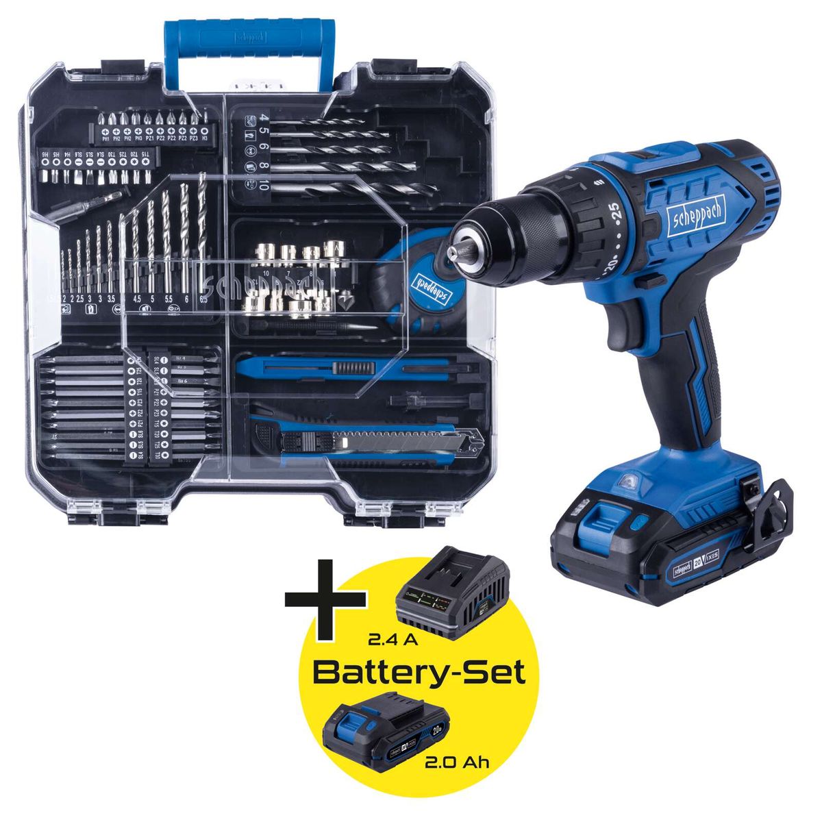 Scheppach tool set including drill, tool box, and battery pack (2.4 Ah and 2.0 Ah)