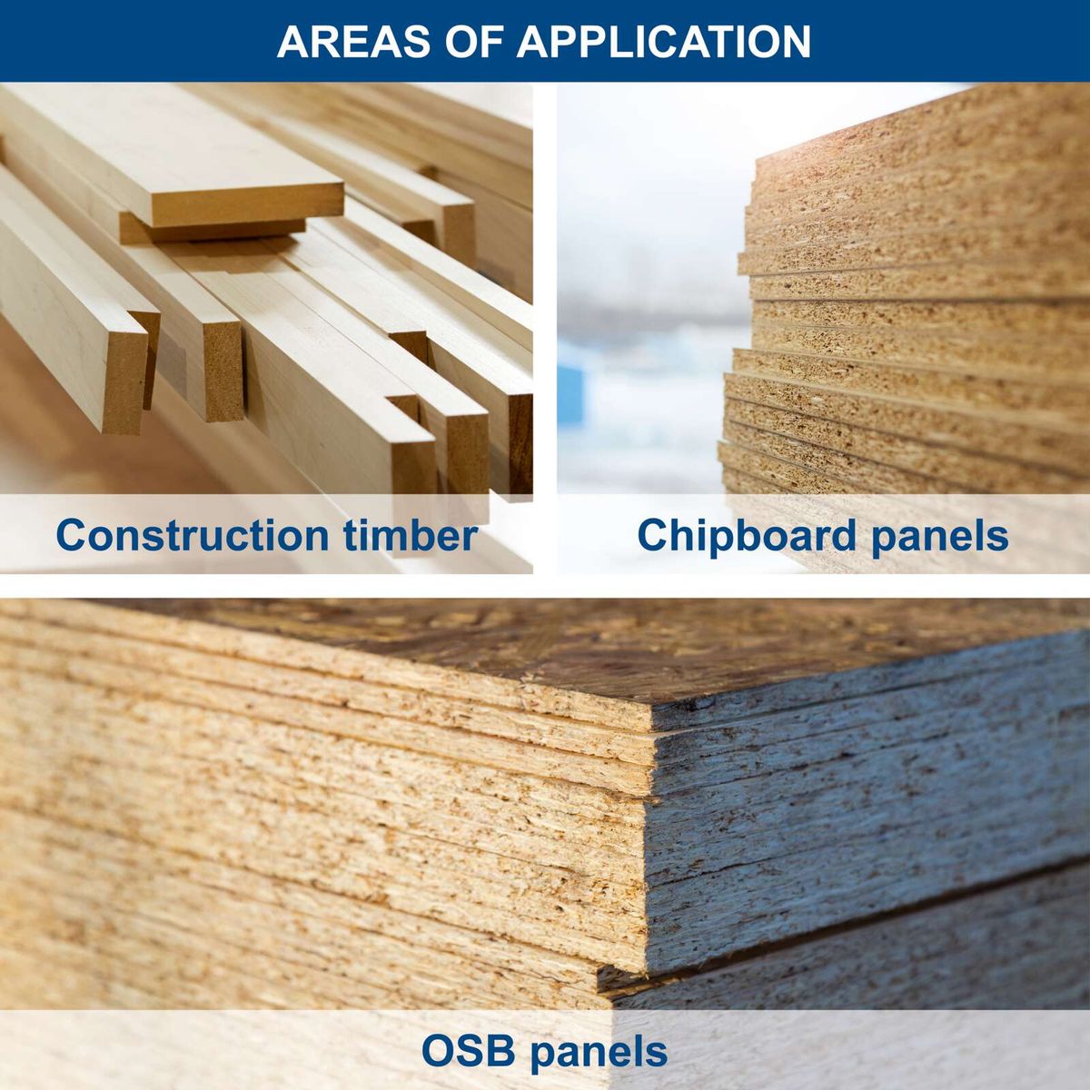 Construction timber, chipboard panels and OSB panels for various construction applications
