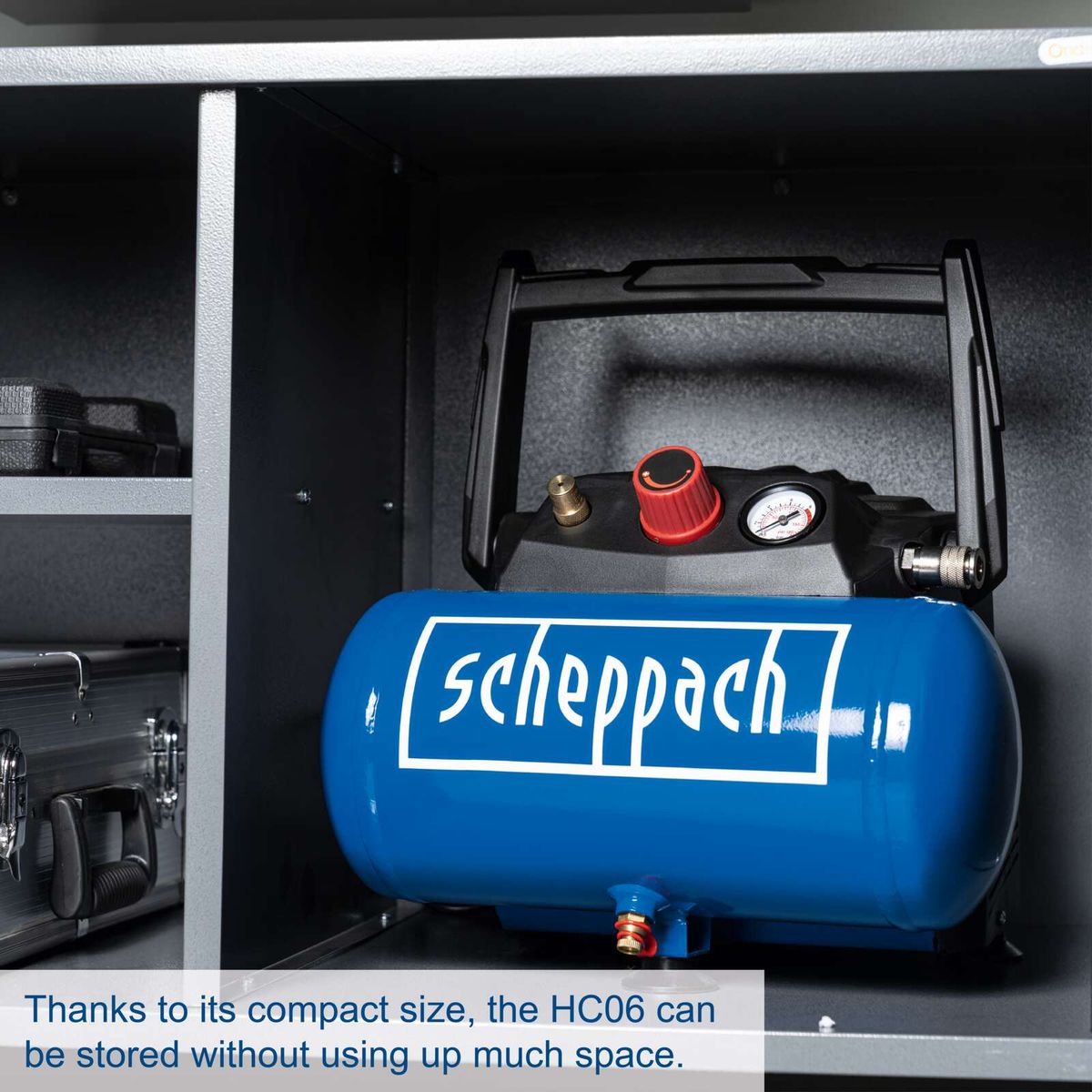 Compact HC06 air compressor with space-saving storage features