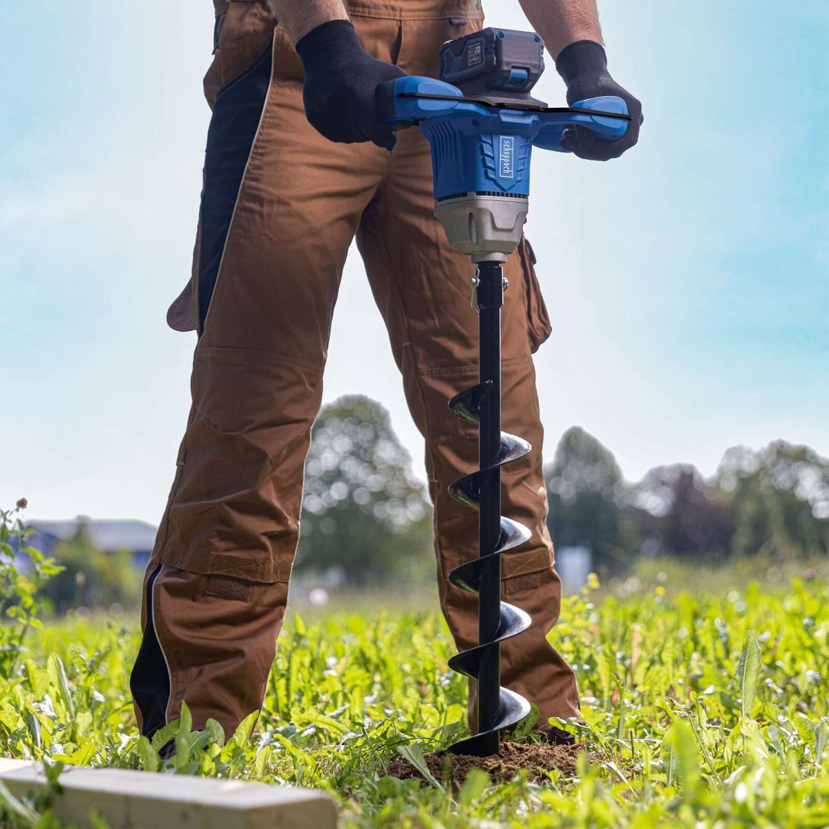 Scheppach auger drill for soil mixing in agricultural settings