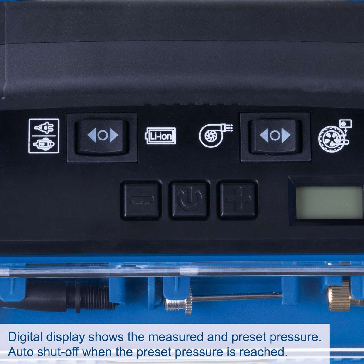 Digital display shows measured and preset pressure; auto shut-off when preset pressure is reached