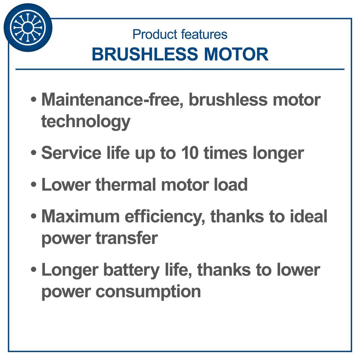 Brushless motor features: maintenance-free technology, up to 10 times longer service life, reduced thermal load, maximum efficiency, and extended battery life due to lower power consumption