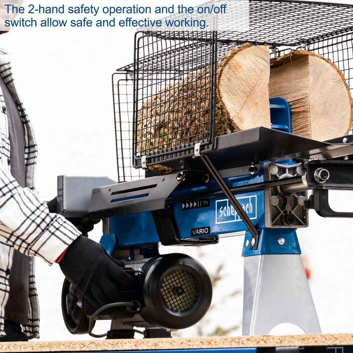 Log splitter with dual-hand operation and on/off switch for safe and effective use, featuring a wood ejection chute and safety mechanism