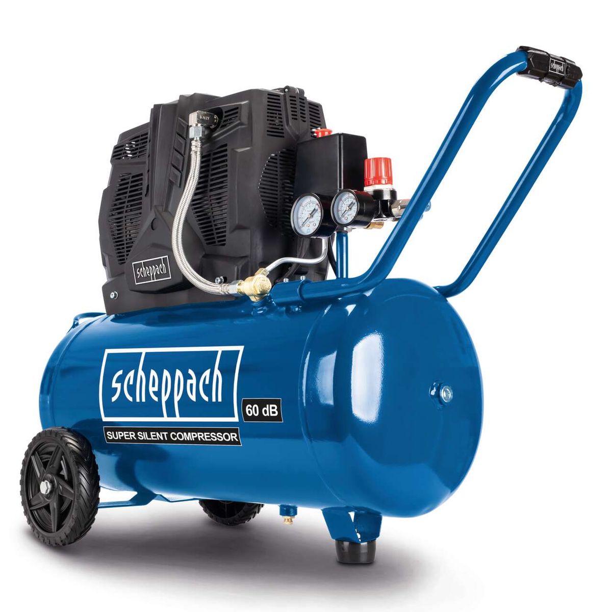 Scheppach HC51Si oil-free silent compressor with dual gauges and quick couplings, 50L tank