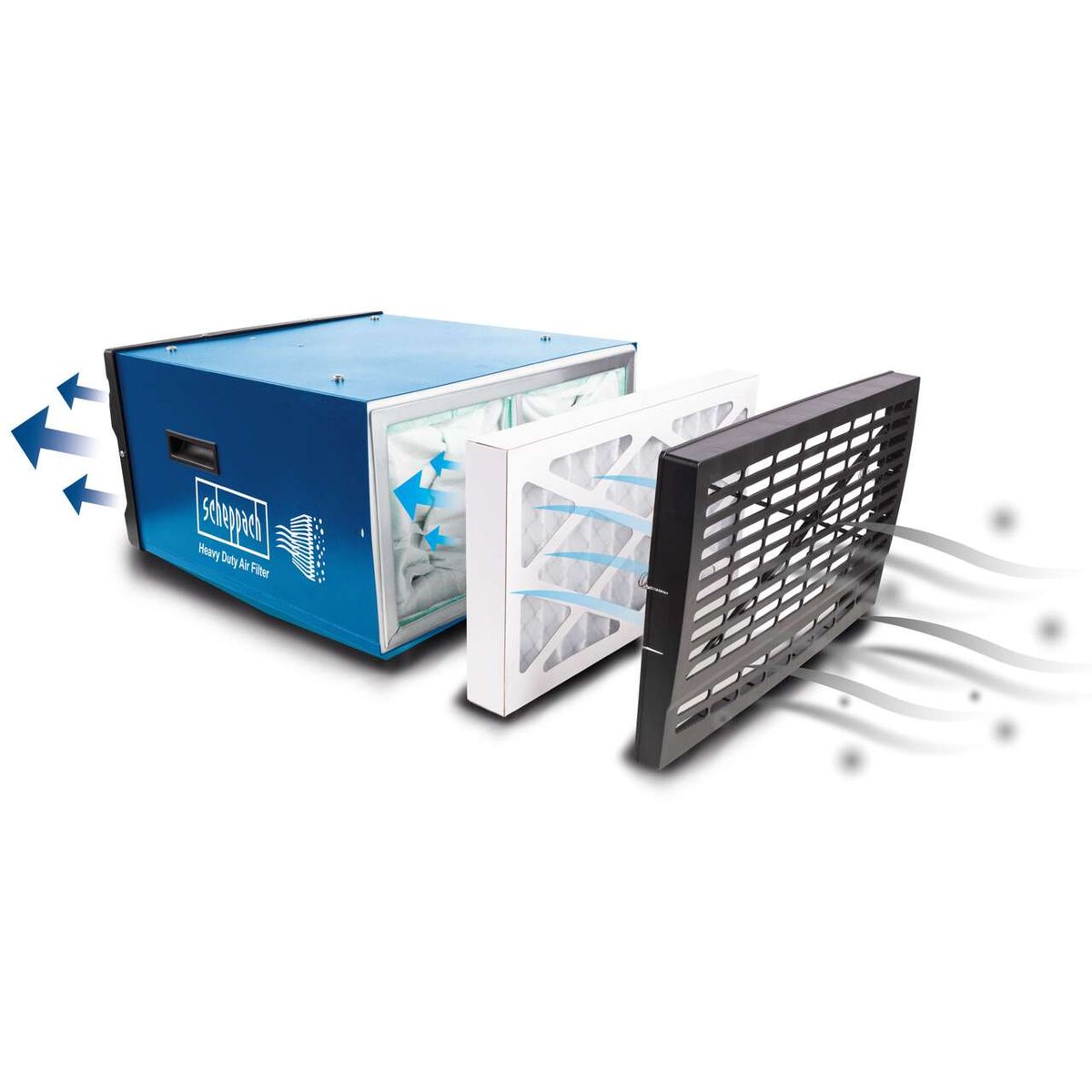 Heavy-duty air filter with filter element and airflow depiction for Scheppach HDA-14