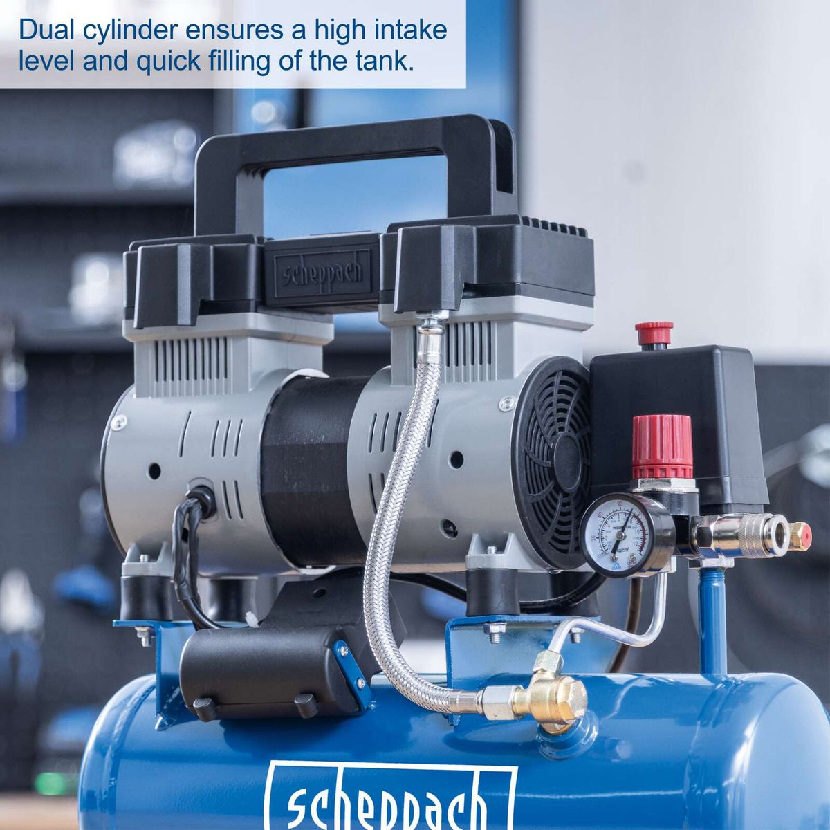 Dual-cylinder compressor with high intake level and quick tank refill system