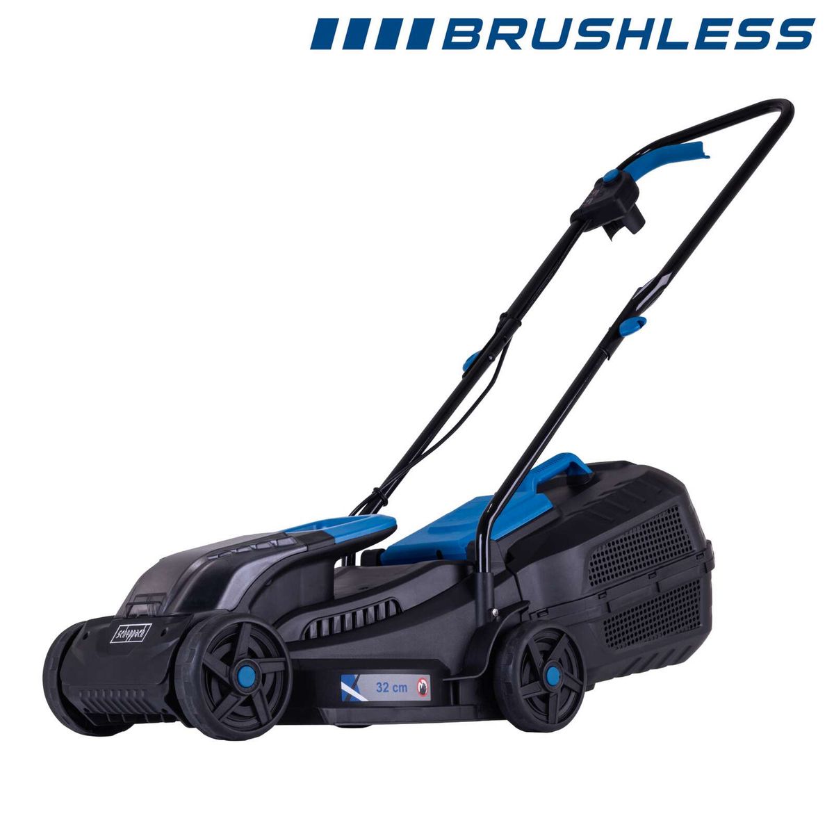 Scheppach battery-powered lawnmower with 32 cm cutting width, brushless motor, compact design