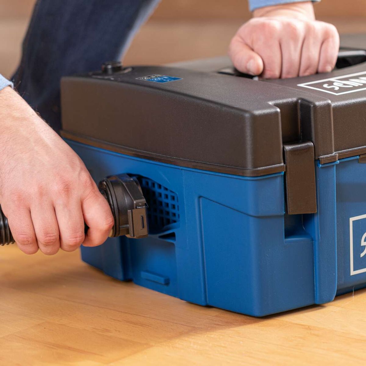 Tool attachment for Scheppach suction unit featuring a drill-compatible connector and suction/blow function