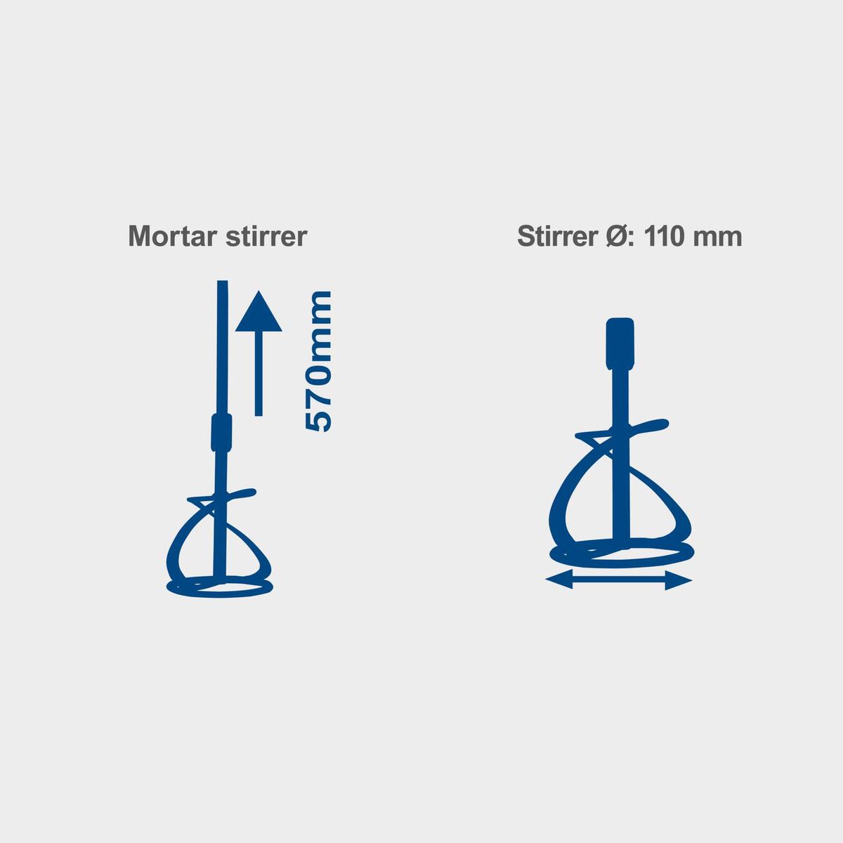 Double-hand stirrer with illustrated dimensions: 57 cm height, 110 mm stirrer diameter